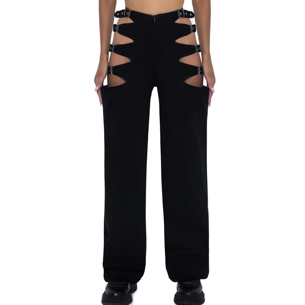 DEFI Black Wide Leg Pants with Edgy Side Details